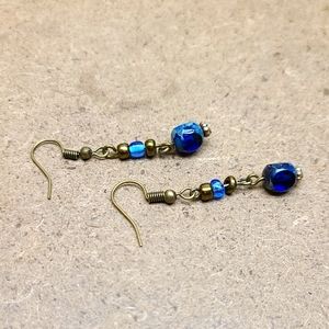 Blue stone with blue glass beeds and brown seeds beeds brass tone Earrings